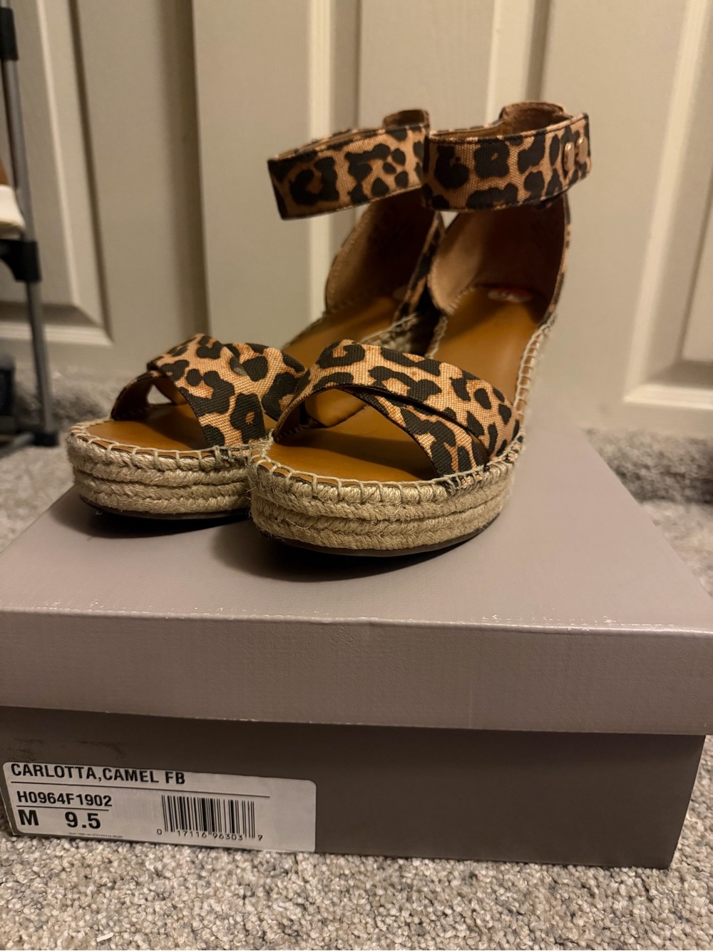 Franco Sarto Leopard Print Espadrille Wedge Sandals in Camel and Black